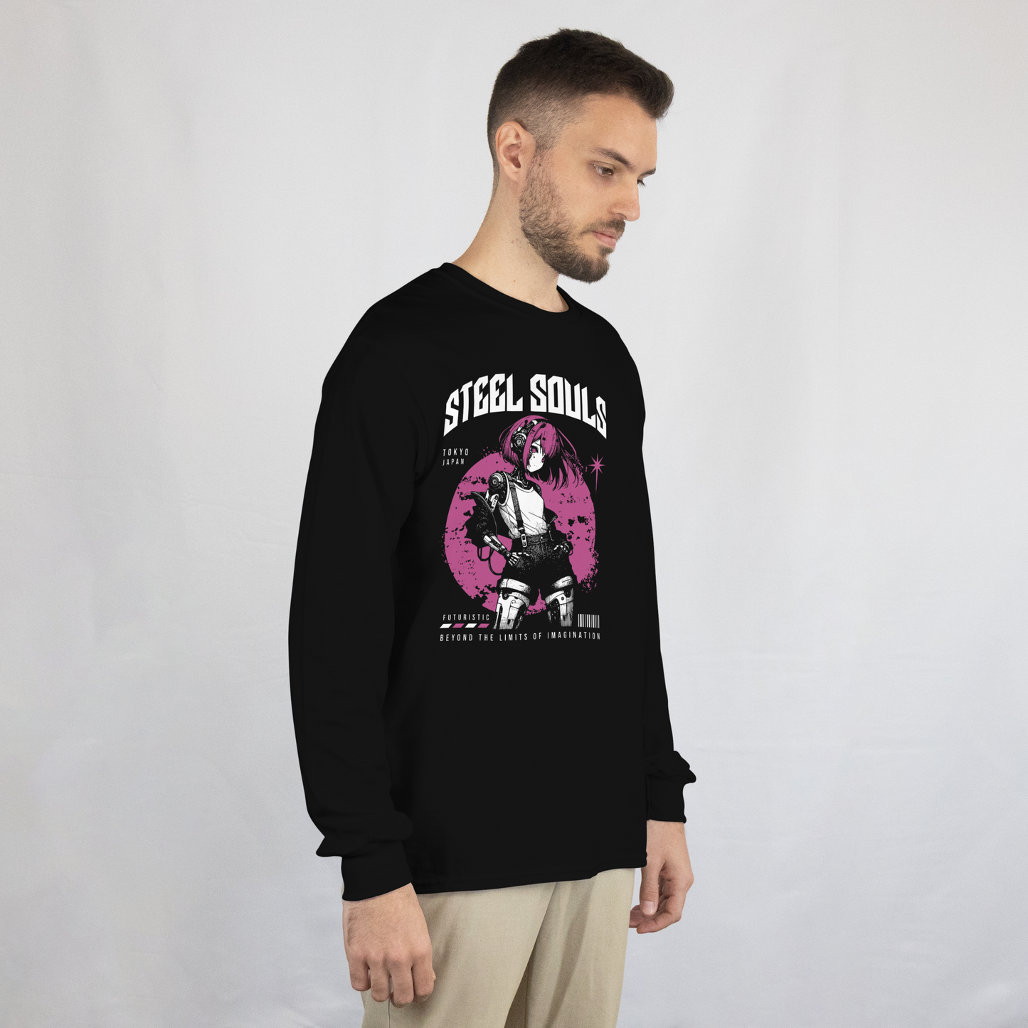 Retro Future Cyborg Anime Girl Longarm Unisex T-Shirt - Premium Quality Black Tee