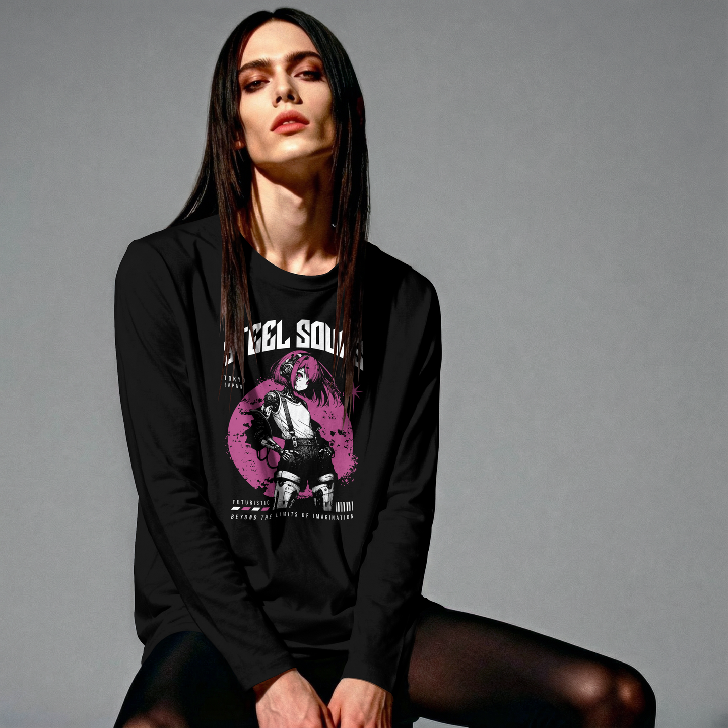 Retro Future Cyborg Anime Girl Longarm Unisex T-Shirt - Premium Quality Black Tee
