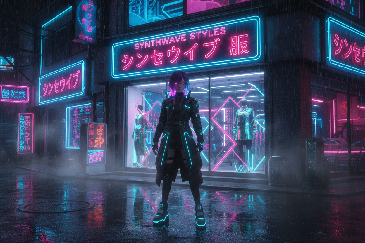 A dark, rain-slicked Tokyo street at night, neon signs glowing in Japanese kanji, anime girl with glowing pink eyes standing in front of a synthwave clothing store, VHS glitch effect overlay, cinematic lighting, ultra-detailed, 8K, retro-futuristic, cyberpunk style