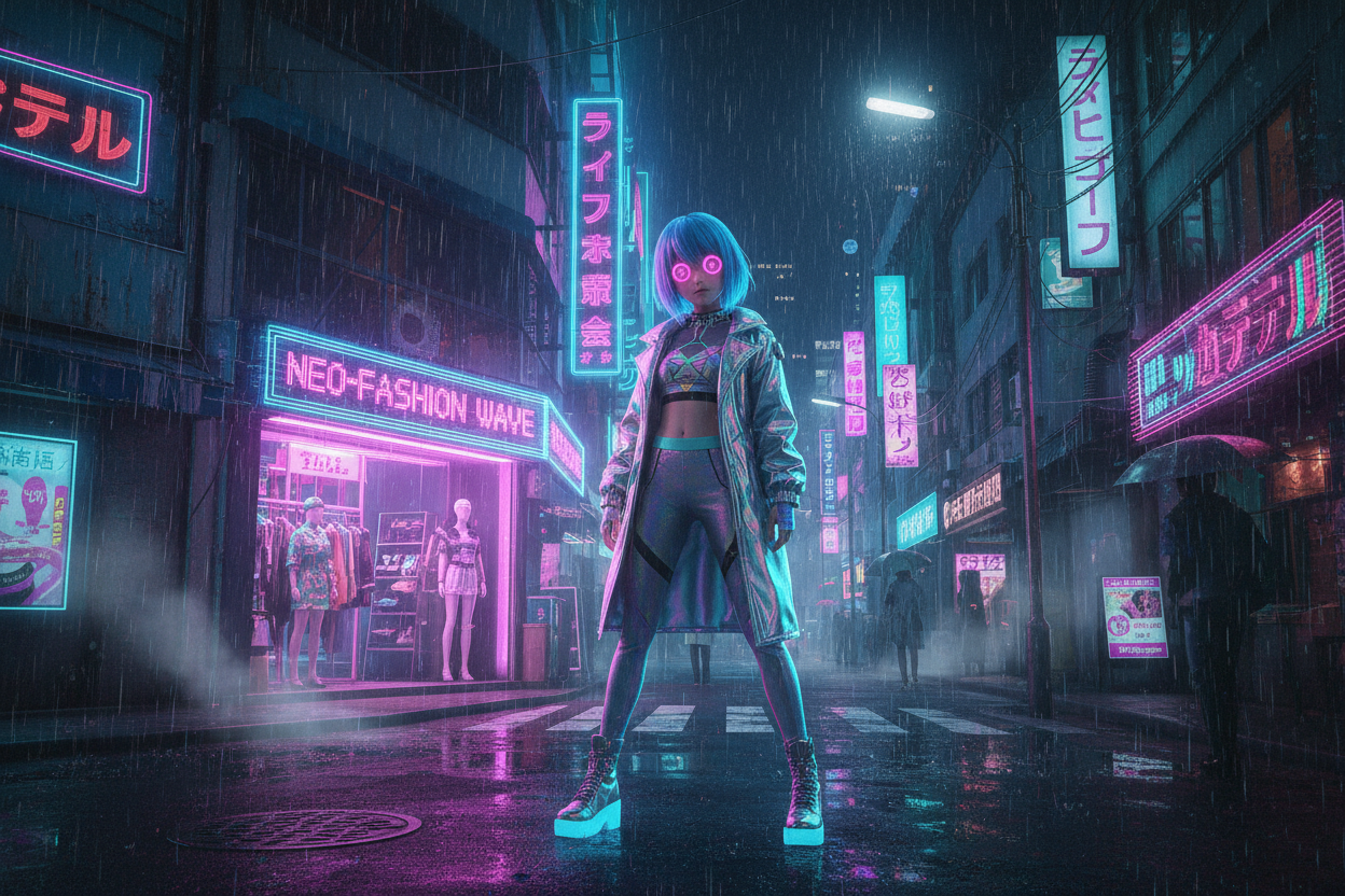A dark, rain-slicked Tokyo street at night, neon signs glowing in Japanese kanji, anime girl with glowing pink eyes standing in front of a synthwave clothing store, VHS glitch effect overlay, cinematic lighting, ultra-detailed, 8K, retro-futuristic, cyberpunk style