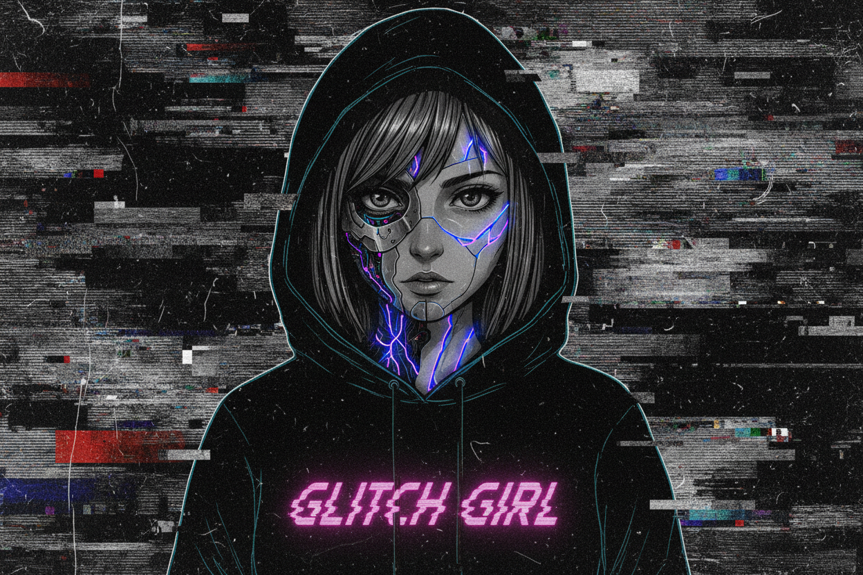 Anime girl with half-cyborg face, glowing circuit lines under her skin, wearing a black hoodie with ‘GLITCH GIRL’ in neon pink glitch font, background is static TV noise, high contrast, grunge texture, Y2K aesthetic, digital art