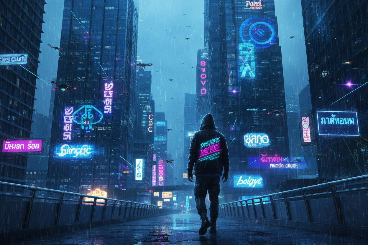 Futuristic Bangkok skyline at dusk, flying drones, neon signs in Thai script, lone figure in tactical jacket walking through rain, wearing a Synthwave Clothing tee with ‘DYSTOPIC DRIFTERS’ printed on back, cinematic, moody, cyberpunk, 4K